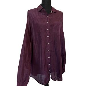 Johnny Was Silk Button Down Shirt Purple Long Sleeve Oversized Boho Size Medium